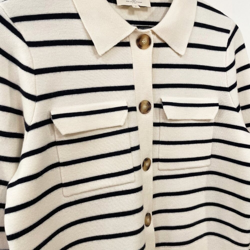 Last Call! EUC Sezane Betty Merino Wool Striped Collared Cardigan Ecru Navy S - Picture 5 of 9